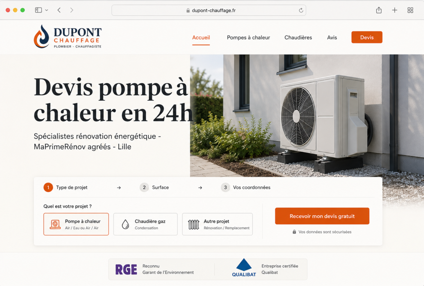 Mockup d'un site web artisan avec formulaire de devis multi-étapes