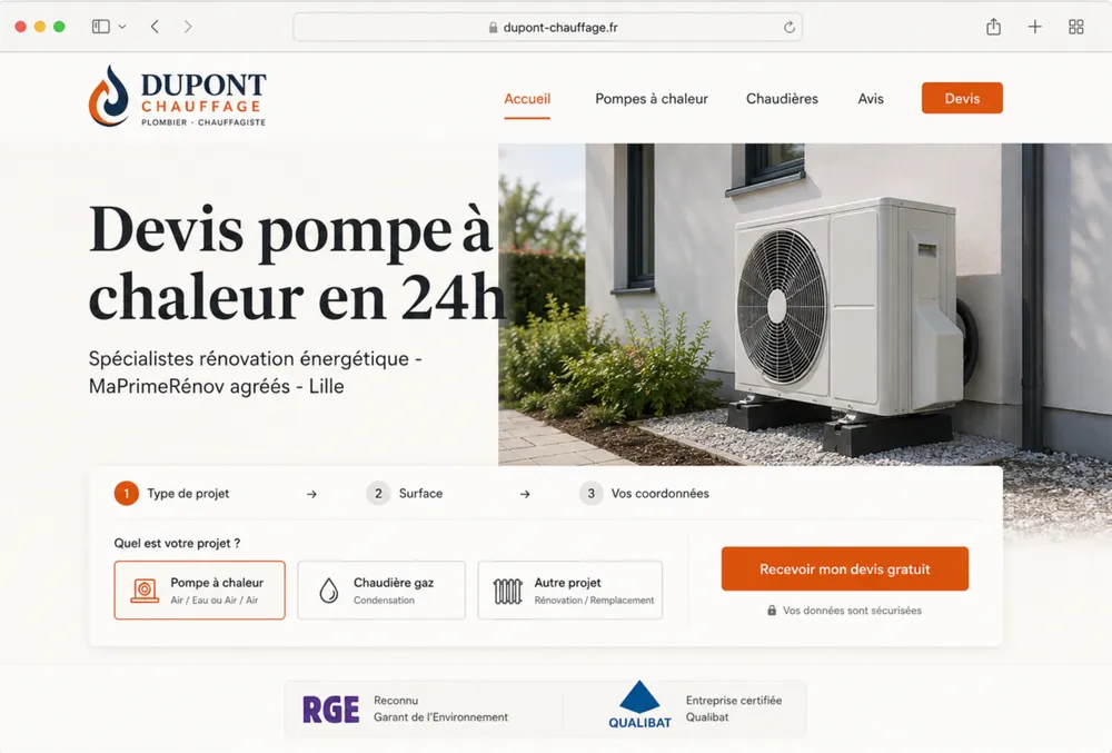Mockup d'un site web artisan avec formulaire de devis multi-étapes
