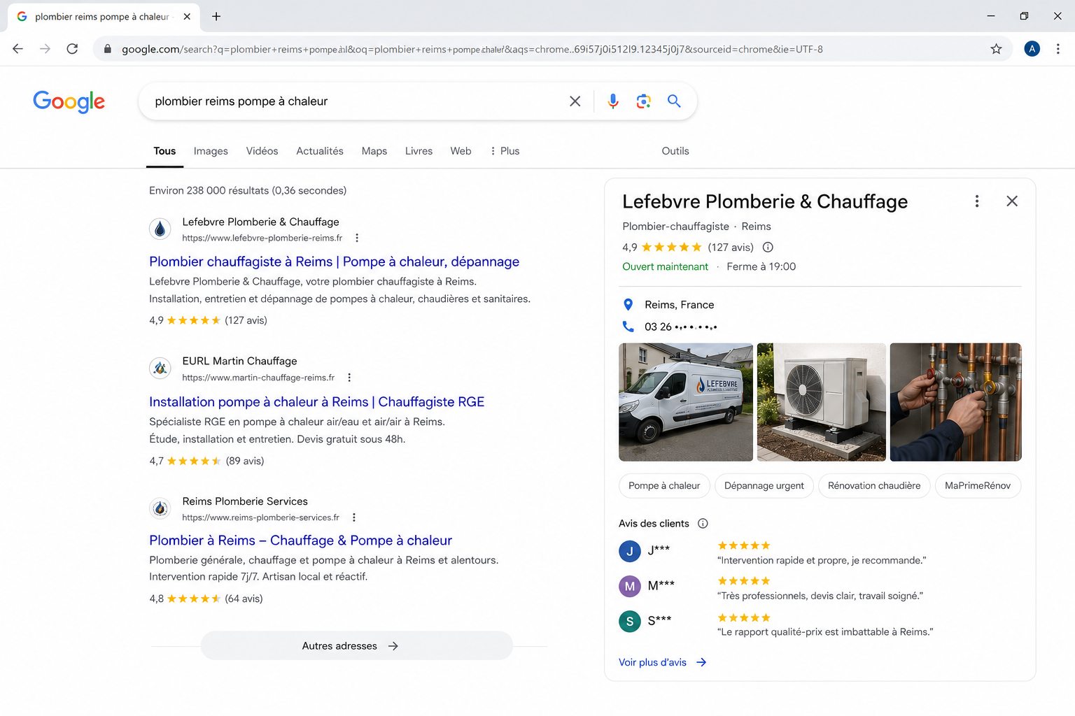 Capture d'une fiche Google Business Profile artisan complète et bien notée