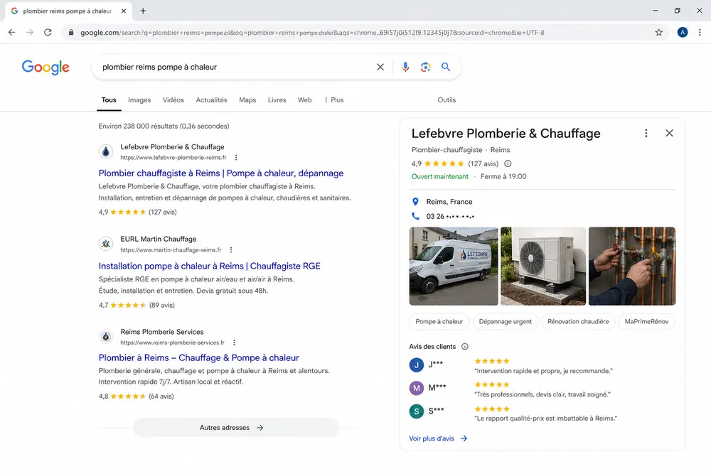 Capture d'une fiche Google Business Profile artisan complète et bien notée