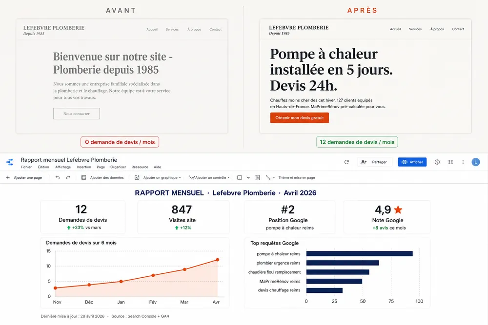 Tableau de bord mensuel avec positions Google, demandes de devis et top requêtes